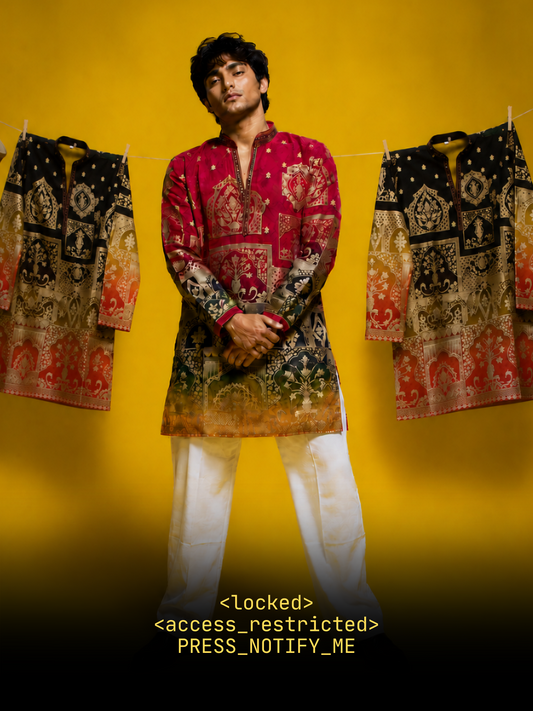 Crimson Red Silk Short Kurta Set with Heritage Print