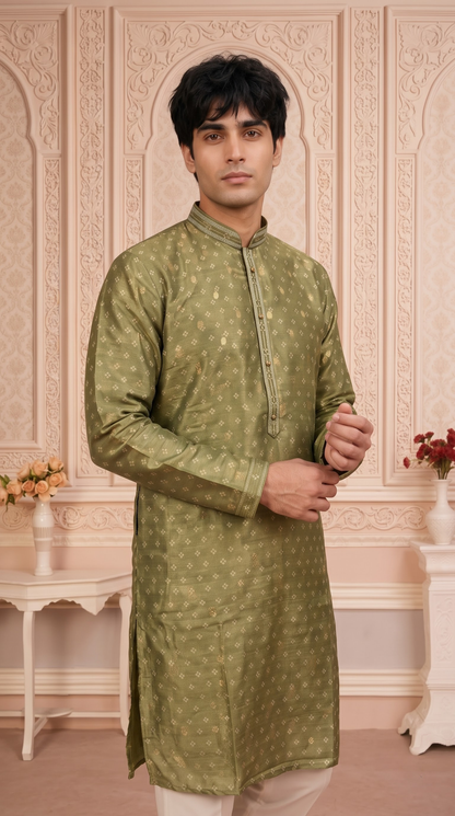 Olive Green Jacquard Silk Regular Length Kurta Set with Zari Work