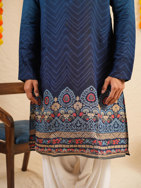 Men's Blue Cotton Blend Digital Print Kurta Set