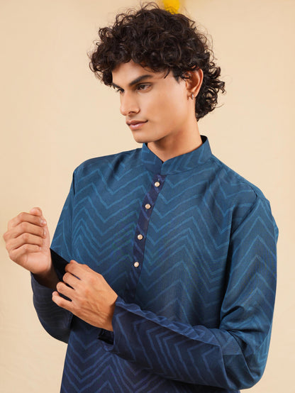 Men's Blue Cotton Blend Digital Print Kurta Set