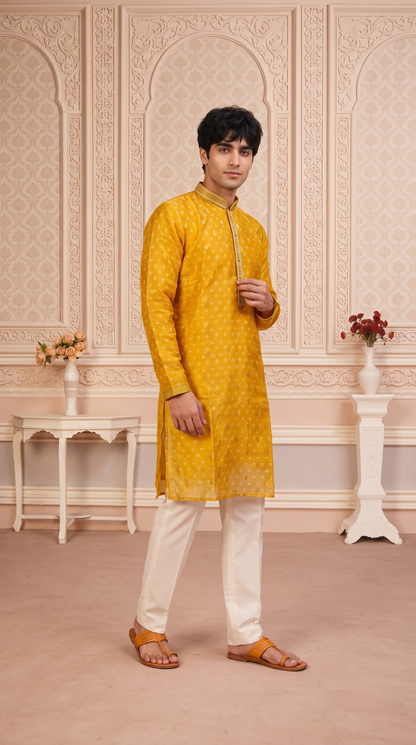Olive Green Jacquard Silk Regular Length Kurta Set with Zari Work