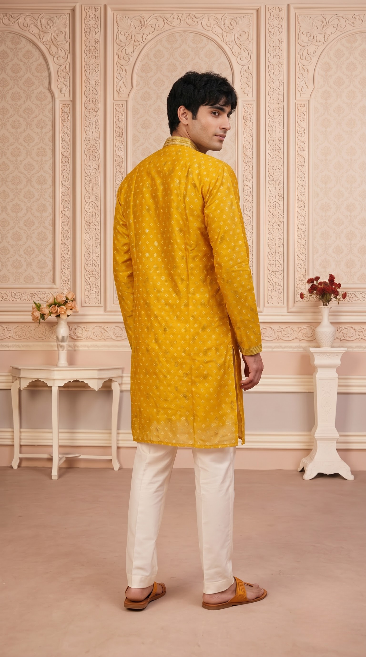 Olive Green Jacquard Silk Regular Length Kurta Set with Zari Work