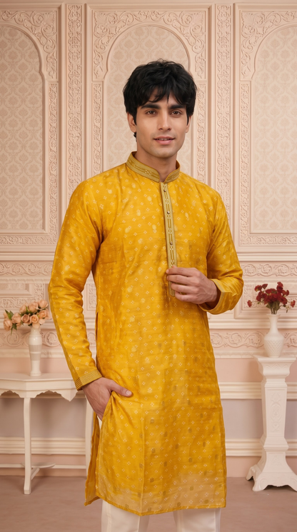 Olive Green Jacquard Silk Regular Length Kurta Set with Zari Work