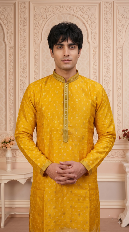 Olive Green Jacquard Silk Regular Length Kurta Set with Zari Work