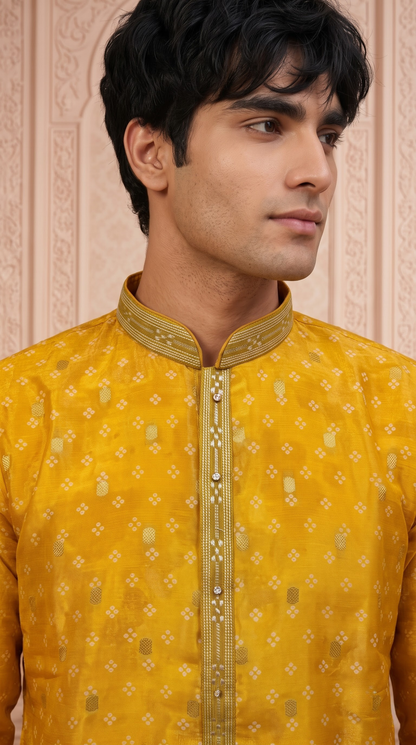 Olive Green Jacquard Silk Regular Length Kurta Set with Zari Work