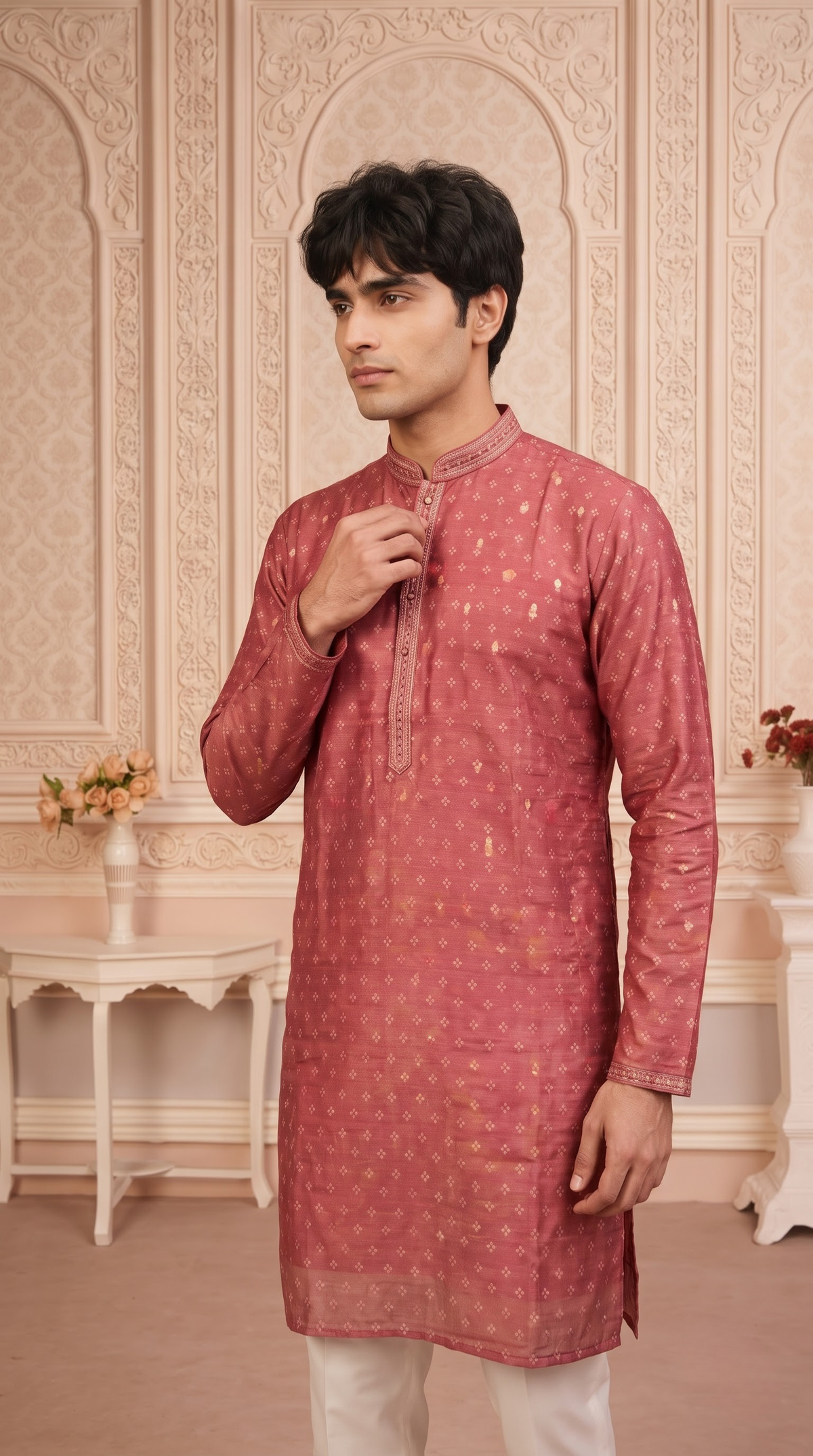 Olive Green Jacquard Silk Regular Length Kurta Set with Zari Work