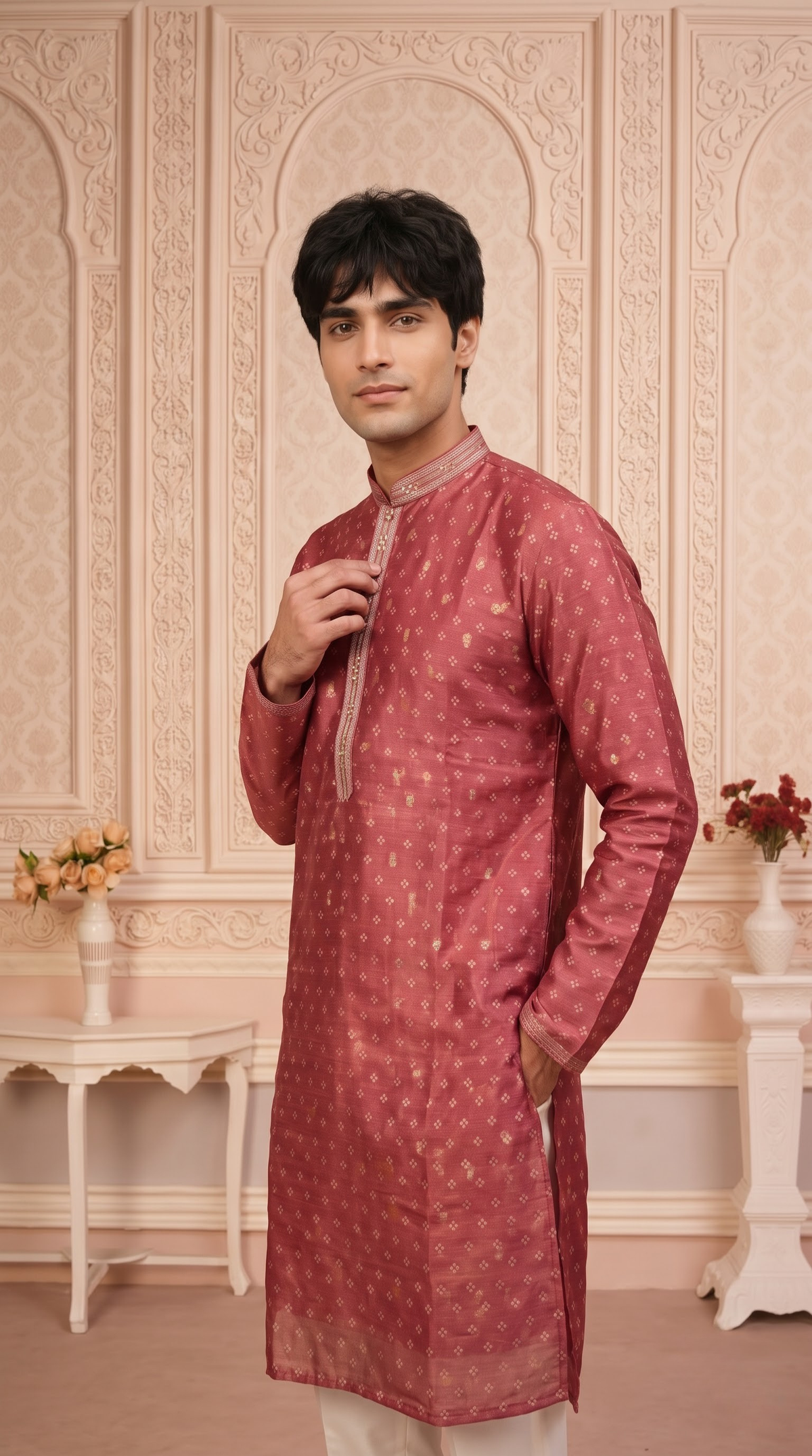 Olive Green Jacquard Silk Regular Length Kurta Set with Zari Work