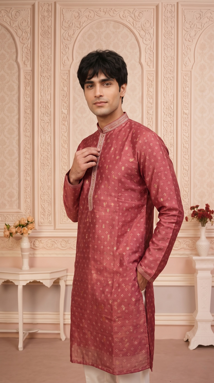 Olive Green Jacquard Silk Regular Length Kurta Set with Zari Work