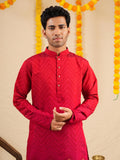 Men's Red Cotton Blend Digital Print Kurta Set