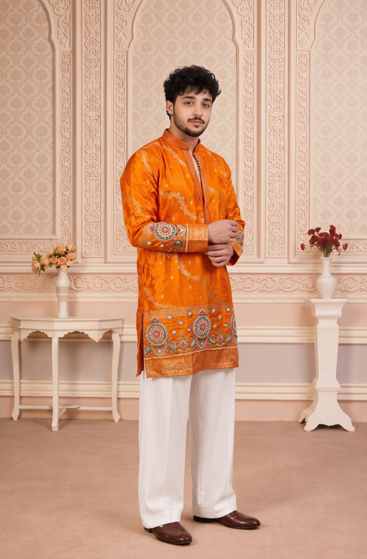 Orange Jacquard Silk Short Kurta Set with Multicolour Embroidery & Bead Work
