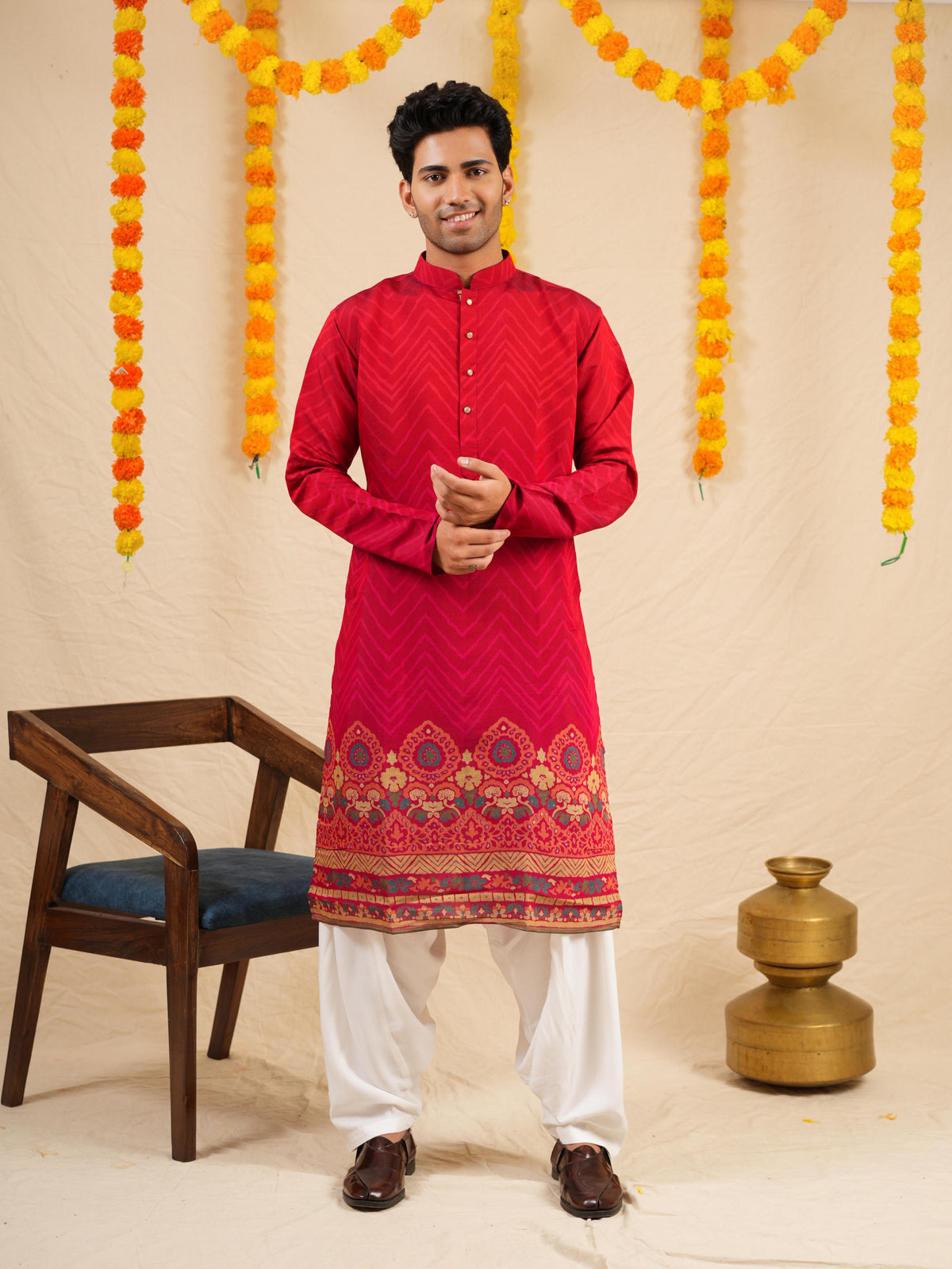 Men's Red Cotton Blend Digital Print Kurta Set