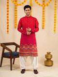 Men's Red Cotton Blend Digital Print Kurta Set
