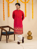 Men's Red Cotton Blend Digital Print Kurta Set