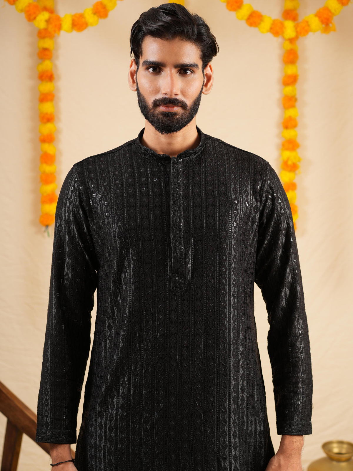 Men’s Black Rayon Kurta Set with Sequins & Thread Work Embroidery