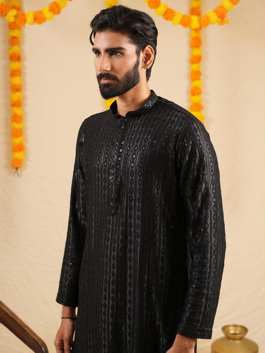 Men’s Black Rayon Kurta Set with Sequins & Thread Work Embroidery