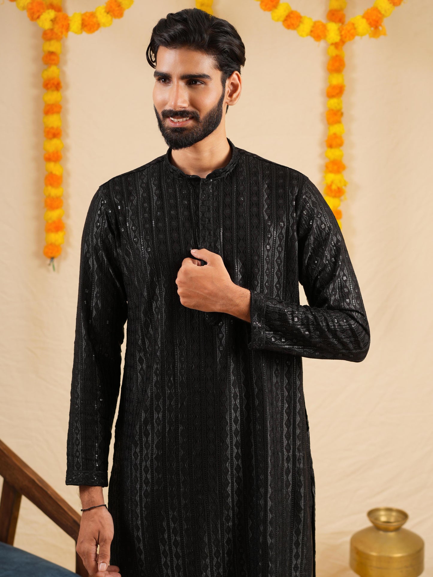 Men’s Black Rayon Kurta Set with Sequins & Thread Work Embroidery