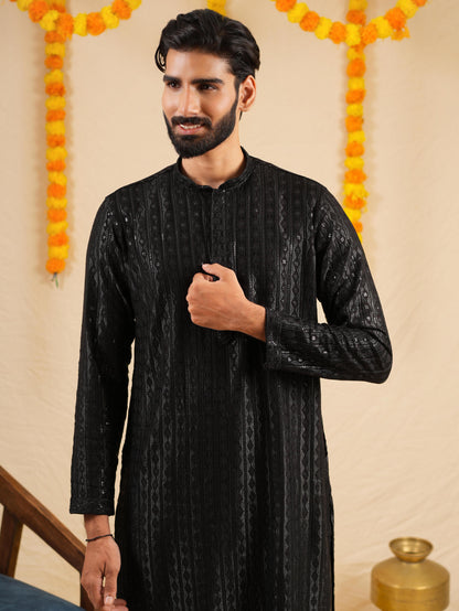 Men’s Black Rayon Kurta Set with Sequins & Thread Work Embroidery