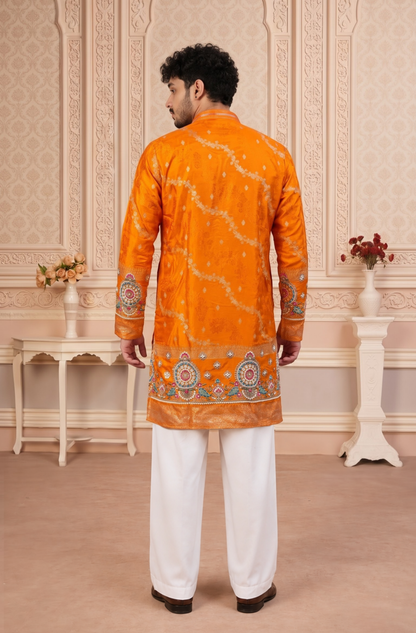 Orange Jacquard Silk Short Kurta Set with Multicolour Embroidery & Bead Work