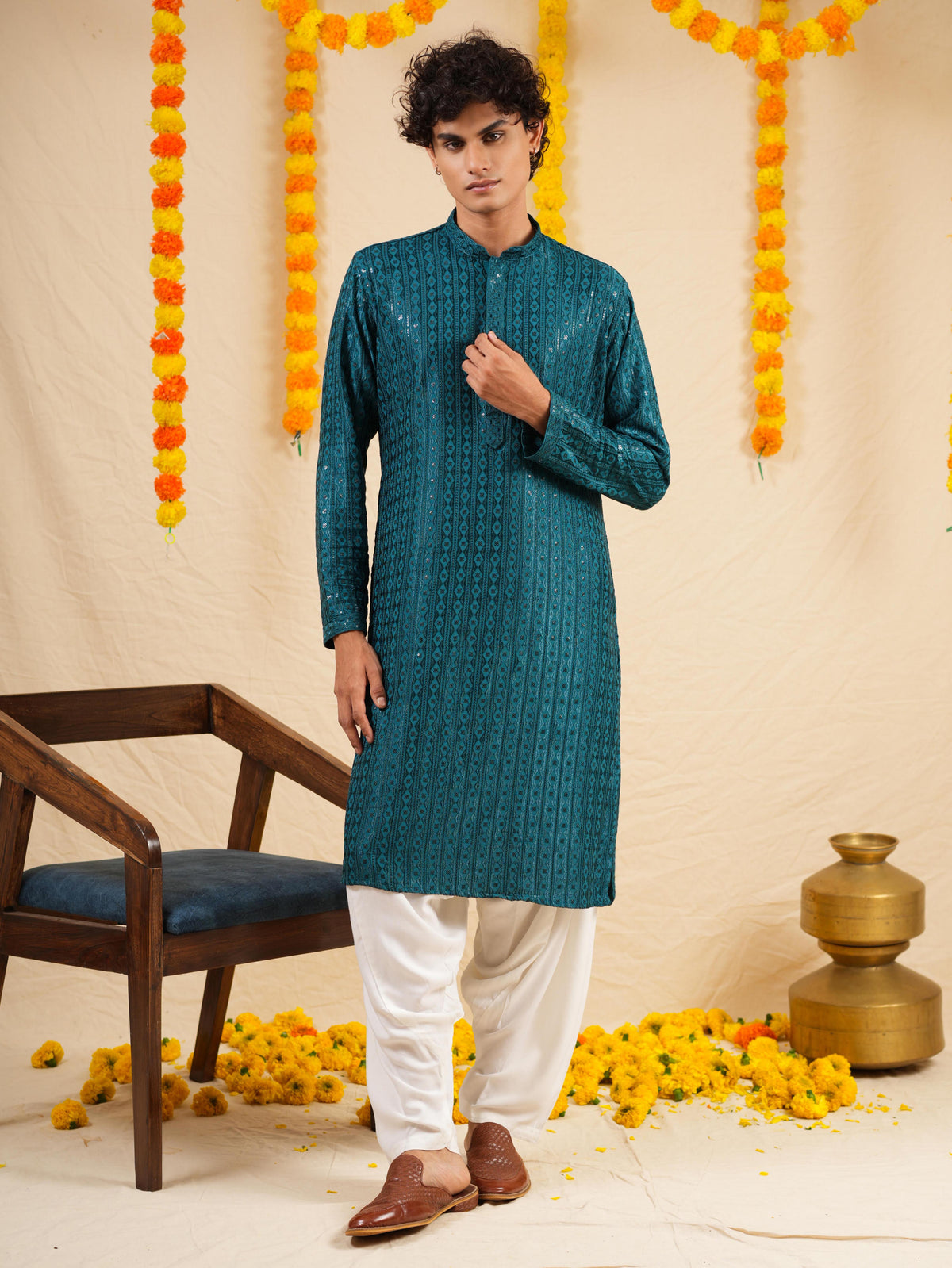 Men’s Deep Teal Rayon Kurta Set with Sequins & Thread Work Embroidery