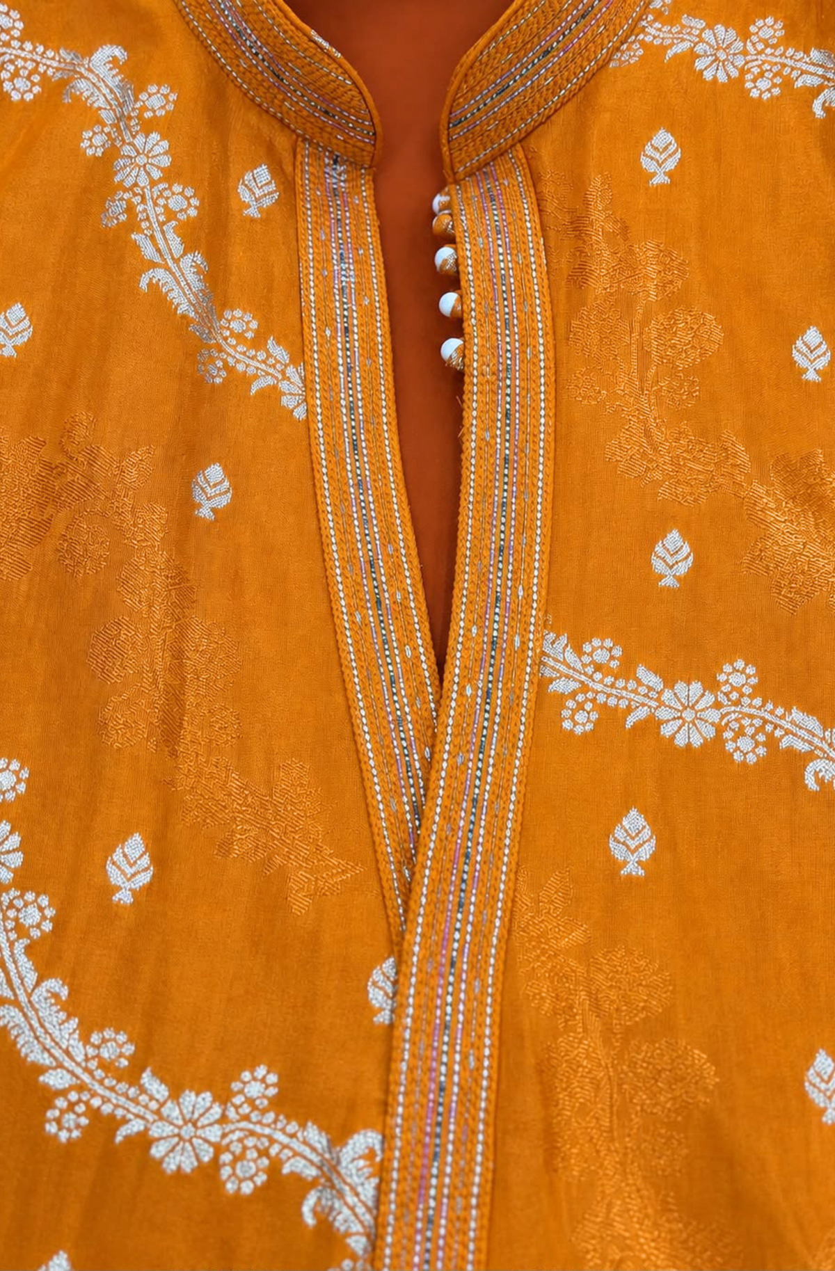 Orange Jacquard Silk Short Kurta Set with Multicolour Embroidery & Bead Work