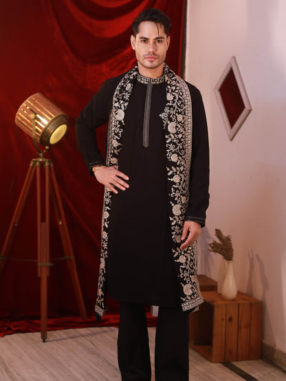 Men's Black BSY Kurta Set with Sequins & Zari Embroidery