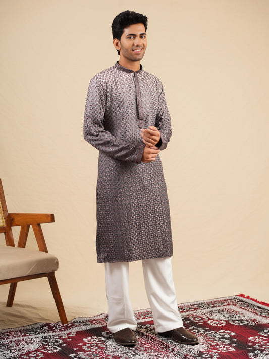 Men's Grey Ombre Rayon Kurta with Sequins & Thread Work Embroidery Set