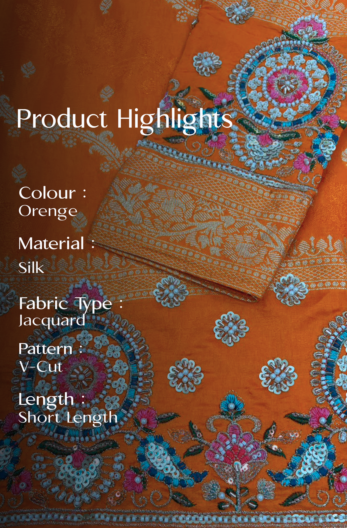 Orange Jacquard Silk Short Kurta Set with Multicolour Embroidery & Bead Work