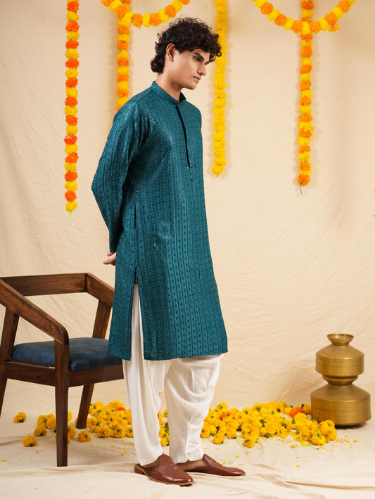 Men’s Deep Teal Rayon Kurta Set with Sequins & Thread Work Embroidery