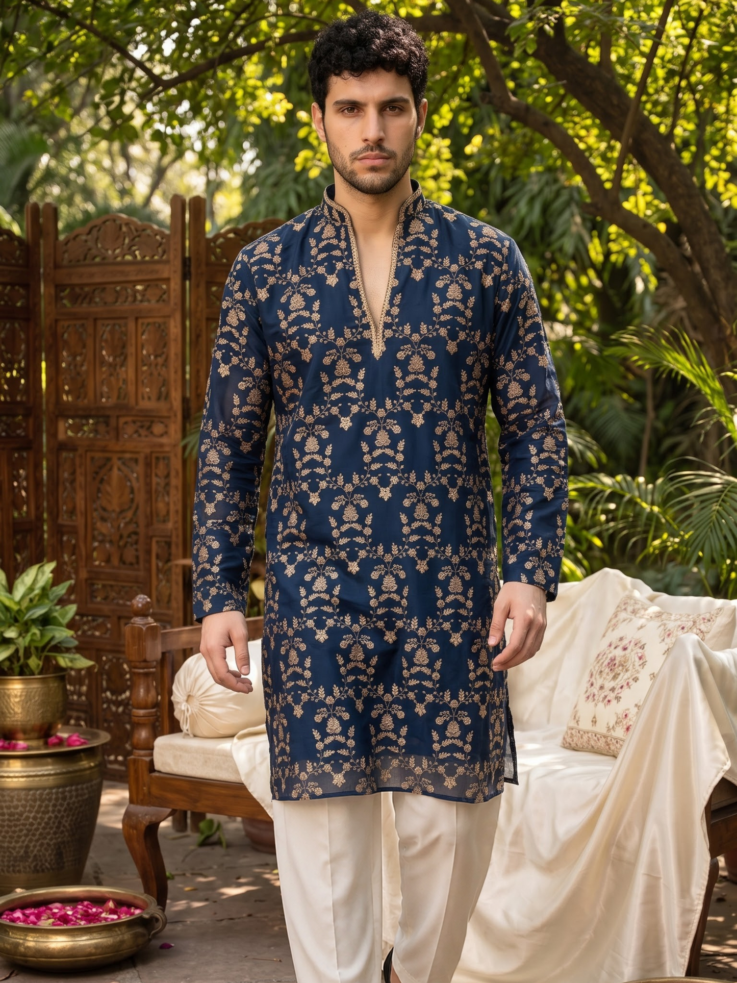 Midnight Blue Short Kurta Set with Jari Embroidery