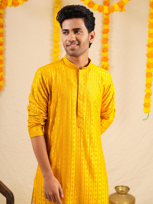 Men’s Mustard Rayon Kurta Set with Sequins & Thread Work Embroidery