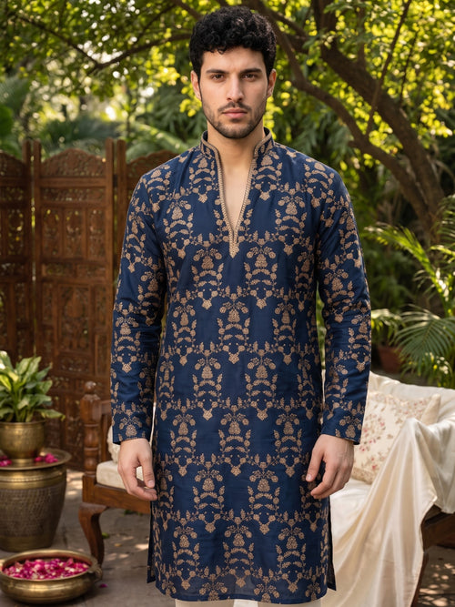 Midnight Blue Short Kurta Set with Jari Embroidery