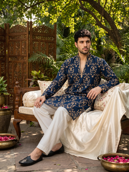 Midnight Blue Short Kurta Set with Jari Embroidery