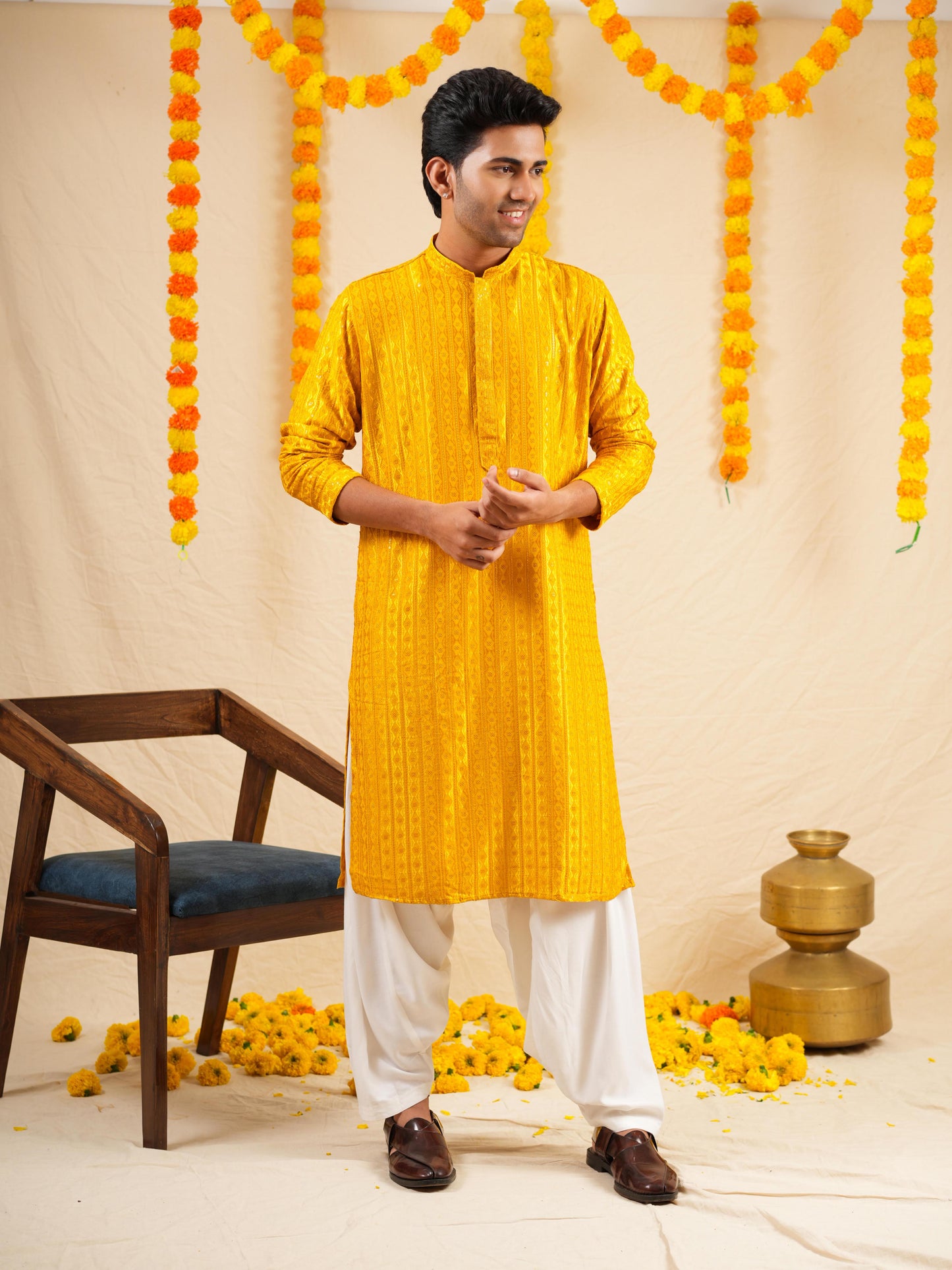 Men’s Mustard Rayon Kurta Set with Sequins & Thread Work Embroidery