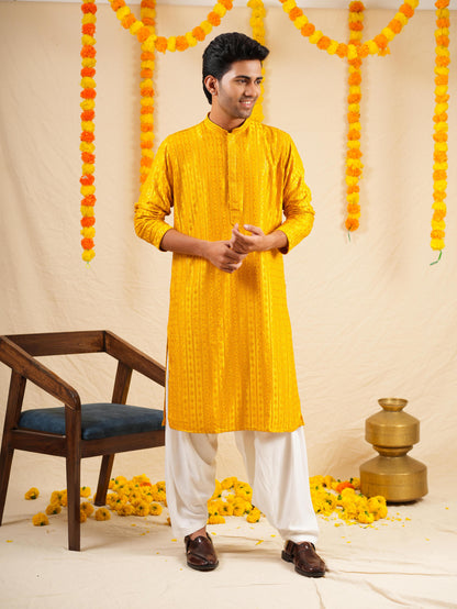 Men’s Mustard Rayon Kurta Set with Sequins & Thread Work Embroidery