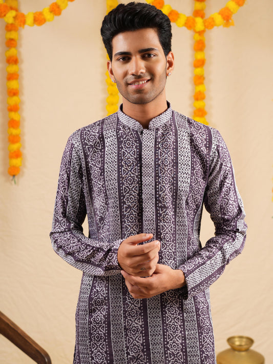 Men’s Lavender Rayon Kurta Set with Batik Print & Embroidery
