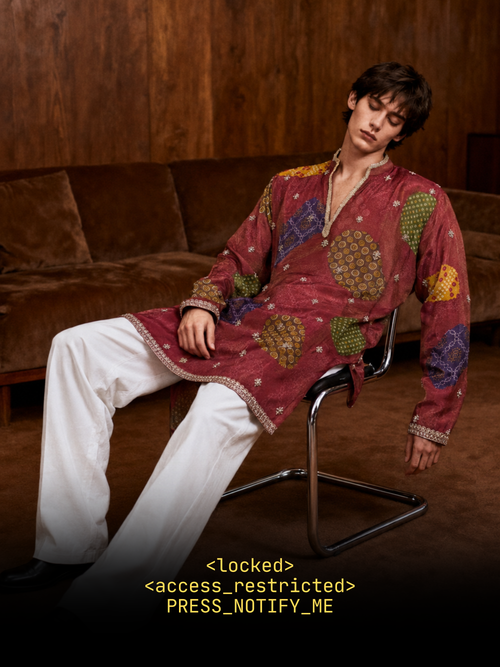 Maroon Tissue Silk Short Kurta Set with Bead Work and Jacquard Print