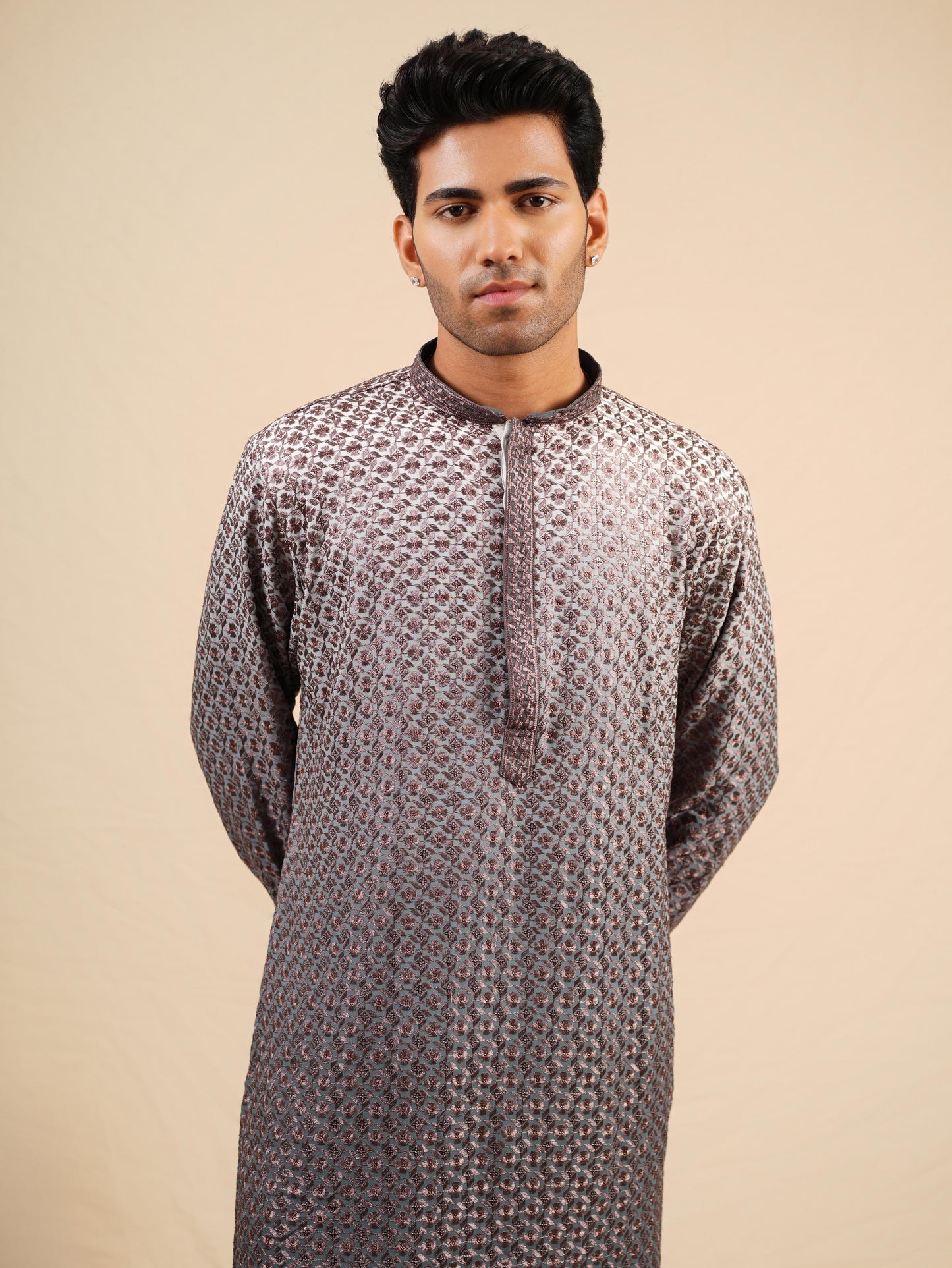 Men's Grey Ombre Rayon Kurta with Sequins & Thread Work Embroidery Set