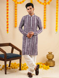 Men’s Lavender Rayon Kurta Set with Batik Print & Embroidery