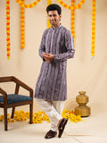 Men’s Lavender Rayon Kurta Set with Batik Print & Embroidery