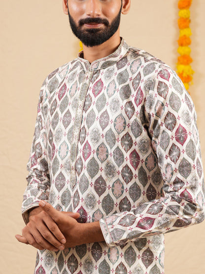 Men's Multicolour Jacquard Digital Print Kurta Set with Swarovski Placket Detailing