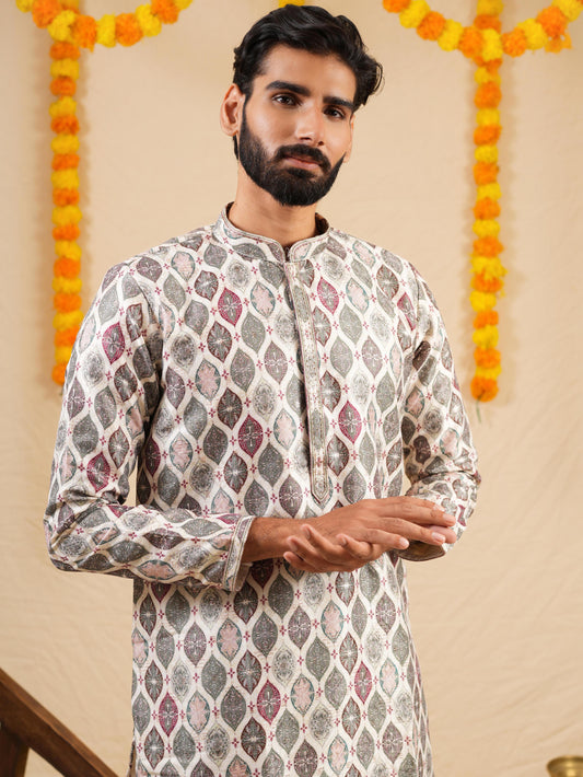 Men's Multicolour Jacquard Digital Print Kurta Set with Swarovski Placket Detailing