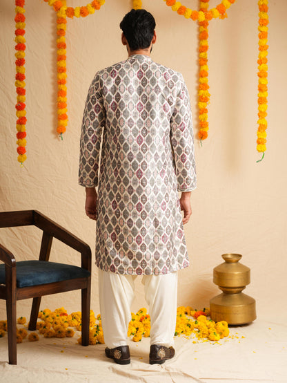 Men's Multicolour Jacquard Digital Print Kurta Set with Swarovski Placket Detailing
