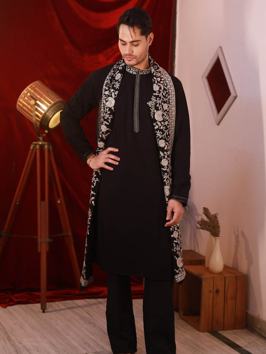 Men's Black BSY Kurta Set with Sequins & Zari Embroidery