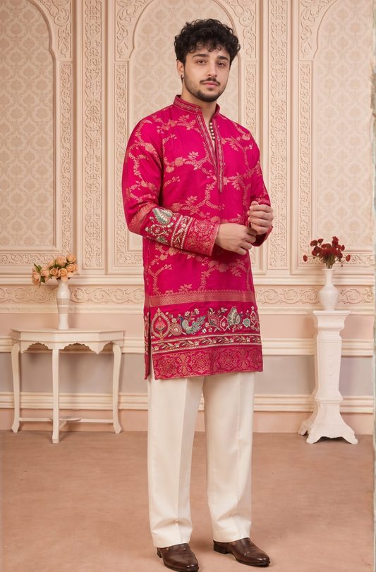 Pink Jacquard Silk Short Kurta Set with Multicolour Embroidery & Bead Work