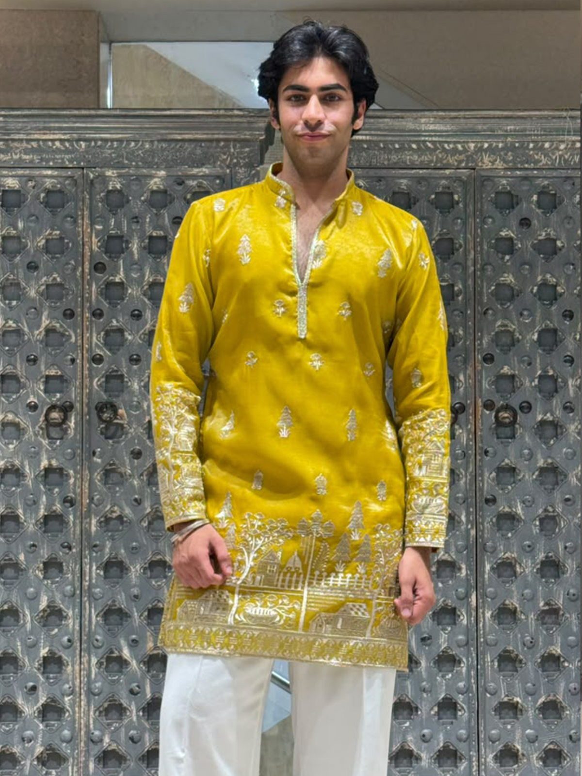 Mustard Shimmer Organza Short Kurta Set with Jari Embroidery