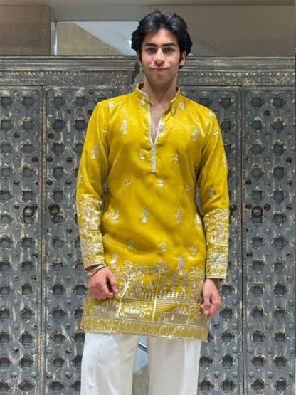 Mustard Shimmer Organza Short Kurta Set with Jari Embroidery