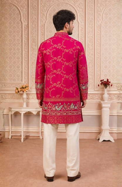 Pink Jacquard Silk Short Kurta Set with Multicolour Embroidery & Bead Work