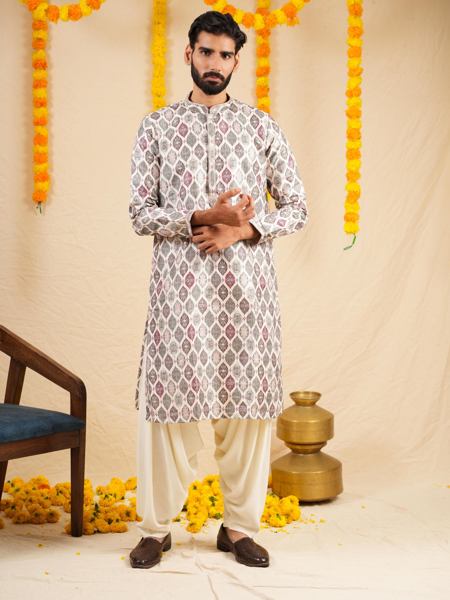 Men's Multicolour Jacquard Digital Print Kurta Set with Swarovski Placket Detailing