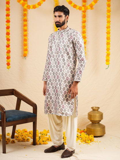 Men's Multicolour Jacquard Digital Print Kurta Set with Swarovski Placket Detailing