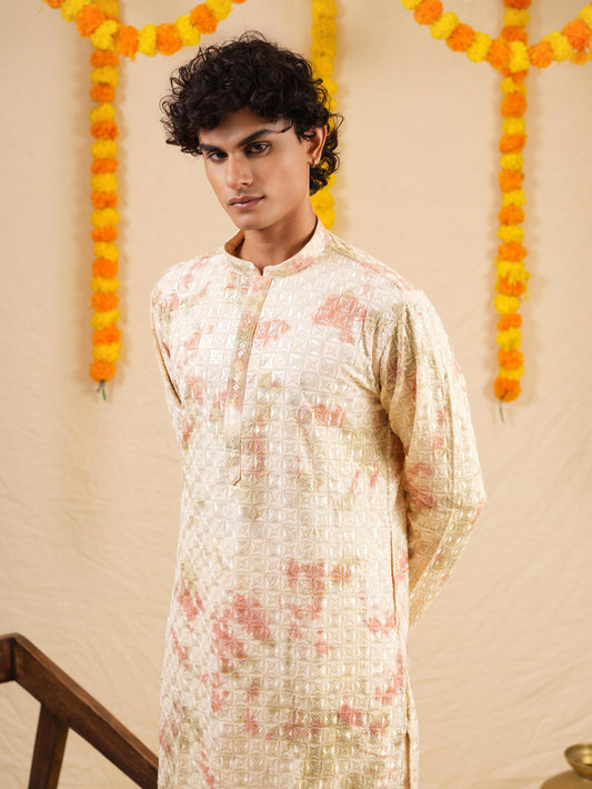 Men's Off White & Apricot Rayon Threadwork Embroidered Kurta Set